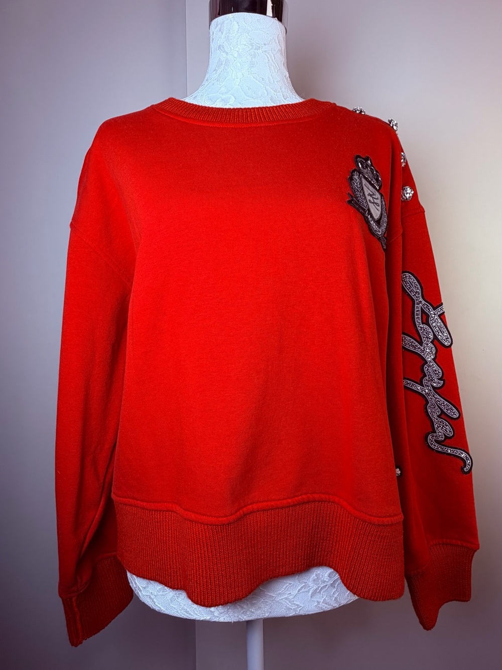 Karl Lagerfeld Red Embellished Crewneck Sweater